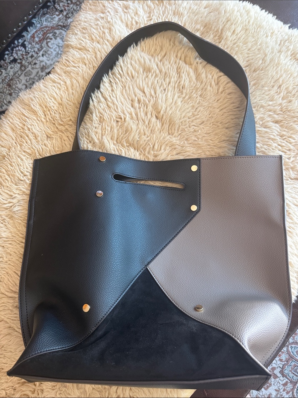 Sondra Roberts Black and Taupe Colorblock Tote with Gold Accents